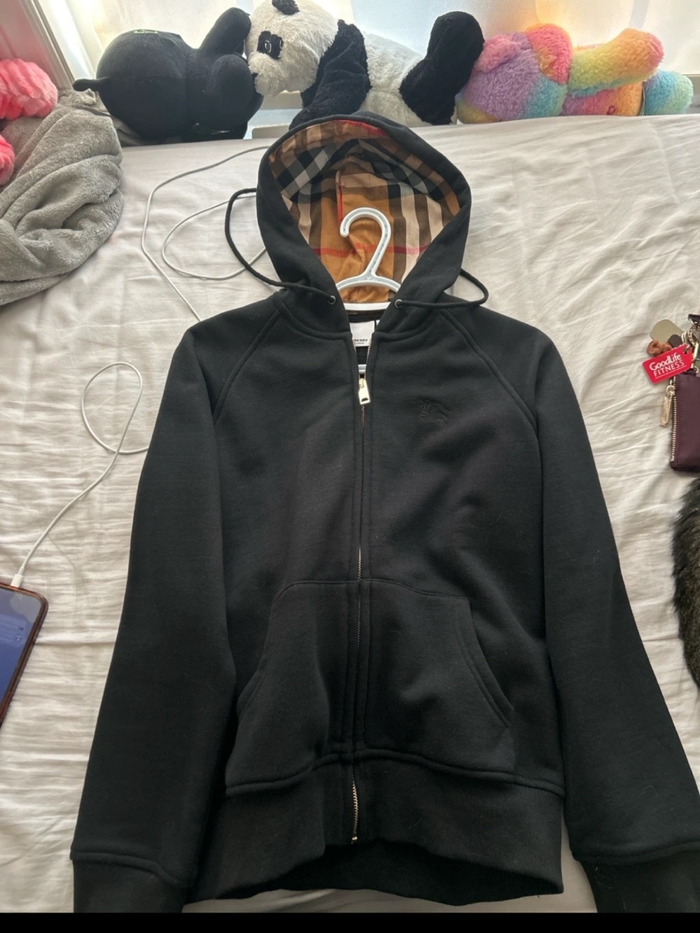 Burberry Black Hooded Zip Jacket with Signature Check Lining